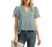 Lotusmile Elegante Chiffon-Blusen für Damen, Sommer, Puffblüten, Kurze Ärmel, V-Ausschnitt, lässige Arbeitsoberteile, Blumenblau, Mittel