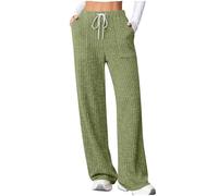 Lounge Hosen Damen Elegant Einfarbig Strick Gerippt Jogginghose Baggy Pyjamahose High Waist Weite Sporthose mit Taschen und Kordelzug Casual Sweathose Bequem Freizeithosen Lose Damenhose Laufhose