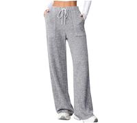 Lounge Hosen Damen Elegant Einfarbig Strick Gerippt Jogginghose Baggy Pyjamahose High Waist Weite Sporthose mit Taschen und Kordelzug Casual Sweathose Bequem Freizeithosen Lose Damenhose Laufhose