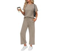 Lounge Set Damen Einfarbig Baumwolle Leinen Freizeitanzug Elegant Hosenanzug Casual Rundhals Kurzarm T-Shirt Und Hose 2 Teiler Leicht Luftig Loungewear Strand Urlaub Hausanzug