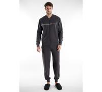 Loungeanzug BUGATTI "Bologna", Herren, Gr. 58, grau (grau, dunkel, melange), Obermaterial: 51% Polyester, 46% Baumwolle, 3% Elasthan, bequem lang, Rundhals, Homewear-Sets, Reißverschluss, mit Logo, Ru
