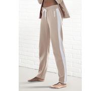 Loungehose BENCH. LOUNGEWEAR, Damen, Gr. 48/50, N-Gr, beige (beige, weiß), Jersey, Interlock, Obermaterial: 60% Baumwolle, 40% Polyester, unifarben mit Farbeinsatz, sportlich, bequem lang, Hosen, mit 