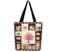 Loussiesd Bunter Baum Leinwand Einkaufstasche Für Erwachsene Frauen Männer Teens Eule Buch Druck Stofftasche Baum Zweige Muster Tragetasche Natur Theme Einkaufsbeutel