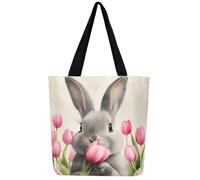 Loussiesd Cartoon Kaninchen Leinwand Einkaufstasche Tulpe Blume Stoffbeutel Kleiner Hase Ostern Stofftasche Nettes Tier Einkaufsbeutel Kawaii 3D Tier Thema Tragetasche für Strand Reise Einkaufen