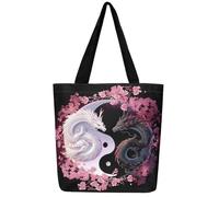 Loussiesd Drachen Tragetasche Yin Yang Leinwand Einkaufstasche Kirsche Blüten 3D Drachen Ancient Wildtiere Couple Lover Stofftasche Romantisch Handtasche