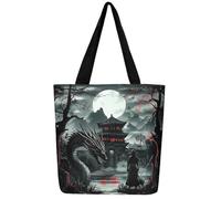 Loussiesd Dragon Ancient Leinwand Einkaufstasche Samurai Stofftasche für Erwachsene Frauen Männer Mittelalterliche Fantasy Drachen Dekor Tragetasche Einkaufsbeutel für Schularbeit Strand