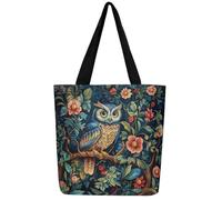 Loussiesd Eule Vintage Leinwand Einkaufstasche Cartoon Eulen Design Stofftasche Ölgemälde Blauer Vogel Dekor Stoffbeutel 3D Tier Gedruckt Kawaii Tier Tragetasche für Strand Reise Einkaufen