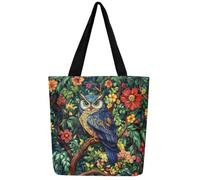 Loussiesd Eule Vintage Leinwand Einkaufstasche Goldene Karikatur Eulen Design Stofftasche Ölgemälde Vogel Dekor Stoffbeutel 3D Tier Gedruckt Kawaii Tier Tragetasche für Strand Reise Einkaufen