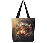 Loussiesd Hochlandkuh Leinwand Einkaufstasche Niedliches Tier Stofftasche Blumenblume Kawaii Daisy Tragetasche Kleines Rind Handtasche
