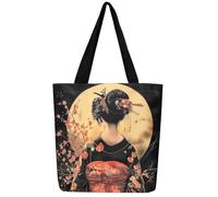 Loussiesd Japan Geisha Leinwand Einkaufstasche Rot Japanischer Stil Stofftasche Japanische Ukiyoe Hokusai Stoffbeutel Tradition Retro Thema Handtasche Exotische Orientalische Tragetasche