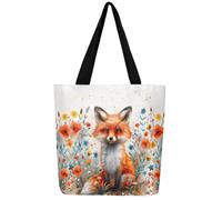 Loussiesd Netter Fuchs Leinwand Einkaufstasche Geschenke Cartoon Tier Fuchs Floral Große Kapazität Einkaufsbeutel Boho Botanischer Fuchs Tragetasche Weiche Stofftasche für Shopping Gym