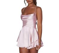 LouVasabuce Satin-Kleid für Frauen, sexy, rückenfreies, kurzes Kleid mit Rundhalsausschnitt, zum Binden am Hals, Schichtenkleid mit Spaghetti-Träger, Jumpsuit, Minikleid, Pink, Medium