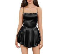 LouVasabuce Satin-Kleid für Frauen, sexy, rückenfreies, kurzes Kleid mit Rundhalsausschnitt, zum Binden am Hals, Schichtenkleid mit Spaghetti-Träger, Jumpsuit, Minikleid, Schwarz, Mittel