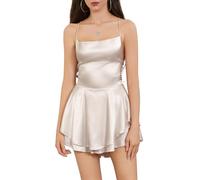 LouVasabuce Satin-Kleid für Frauen, sexy, rückenfreies, kurzes Kleid mit Rundhalsausschnitt, zum Binden am Hals, Schichtenkleid mit Spaghetti-Träger, Jumpsuit, Minikleid, Champagner, Mittel