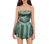 LouVasabuce Satin-Kleid für Frauen, sexy, rückenfreies, kurzes Kleid mit Rundhalsausschnitt, zum Binden am Hals, Schichtenkleid mit Spaghetti-Träger, Jumpsuit, Minikleid, Grün, Large