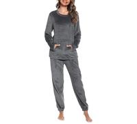 Lovasy Fleece Schlafanzug Damen Winter Lang Flanell Pyjama Set Warmer Flauschiger Frottee Schlafanzüge für Damen mit Taschen,B-Dunkelgrau,L