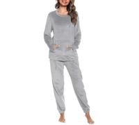 Lovasy Fleece Schlafanzug Damen Winter Lang Flanell Pyjama Set Warmer Flauschiger Frottee Schlafanzüge für Damen mit Taschen,B-Grau,L