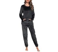 Lovasy Fleece Schlafanzug Damen Winter Lang Flanell Pyjama Set Warmer Flauschiger Frottee Schlafanzüge für Damen mit Taschen,B-Schwarz,L