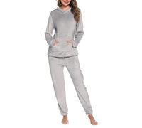 Lovasy Fleece Schlafanzug Damen Winter Lang Pyjama Set Warmer Flauschiger Frottee Schlafanzüge für Damen mit Kapuzen und Taschen,A-Grau,L