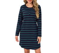 Lovasy Nachthemd Damen Baumwolle Langarm Schlafshirt Streifen Nachthemden für Damen mit Knopfleiste und Zwei Taschen,Marineblau/Grün,S
