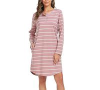 Lovasy Nachthemd Damen Baumwolle Langarm Schlafshirt Streifen Nachthemden für Damen mit Knopfleiste und Zwei Taschen,Rosa,XXL