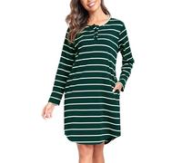 Lovasy Nachthemd Damen Baumwolle Langarm Schlafshirt Streifen Nachthemden für Damen mit Knopfleiste und Zwei Taschen,Grün,M