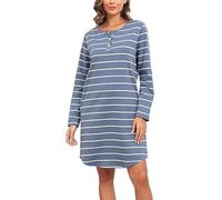 Lovasy Nachthemd Damen Baumwolle Langarm Schlafshirt Streifen Nachthemden für Damen mit Knopfleiste und Zwei Taschen,Himmelblau,XL