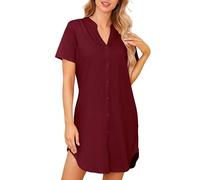 Lovasy Nachthemden für Damen Kurzarm Baumwolle Sommer Schlafshirt Still Nachthemd mit Knöpfen Damen Geburtshemd mit Taschen,Wein Rot,XXL