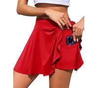 Lovasy Plissee Faltenrock Damen Kurz Tennisrock Damen Golfrock mit Innenhose Shorts Streetwear Röcke Sport Workout Laufen Rock mit Taschen,Rot,L