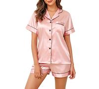 Lovasy Satin Schlafanzug Damen Kurz Kurzarm Pyjamas Set mit Knöpfen Seiden Nachtwäsche V-Ausschnitt Zweiteiliger Pjs Sets Hausanzug,Rosa,M