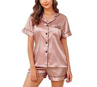 Lovasy Satin Schlafanzug Damen Kurz Kurzarm Pyjamas Set mit Knöpfen Seiden Nachtwäsche V-Ausschnitt Zweiteiliger Pjs Sets Hausanzug,Tiefes Rosa,XL
