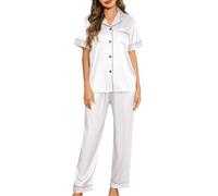 Lovasy Satin Schlafanzug Damen Lang Kurzarm Pyjamas Set mit Knöpfen V-Ausschnitt Pjs Sets Hausanzug Damen Zweiteiliger,Weiß, S