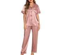 Lovasy Satin Schlafanzug Damen Lang Kurzarm Pyjamas Set mit Knöpfen V-Ausschnitt Pjs Sets Hausanzug Damen Zweiteiliger,Tiefes Rosa,XXL