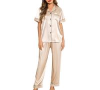 Lovasy Satin Schlafanzug Damen Lang Kurzarm Pyjamas Set mit Knöpfen V-Ausschnitt Pjs Sets Hausanzug Damen Zweiteiliger,Champagner, L