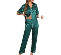 Lovasy Satin Schlafanzug Damen Lang Kurzarm Pyjamas Set mit Knöpfen V-Ausschnitt Pjs Sets Hausanzug Damen Zweiteiliger,Dunkelgrün, L
