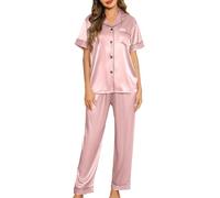 Lovasy Satin Schlafanzug Damen Lang Kurzarm Pyjamas Set mit Knöpfen V-Ausschnitt Pjs Sets Hausanzug Damen Zweiteiliger,Hellrosa,XXL