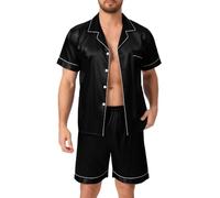 Lovasy Satin Schlafanzug Herren Kurz Kurzarm Pyjamas Set mit Knöpfen Sommer Pjs Sets Zweiteiliger Nachtwäsche,Schwarz,XXL