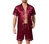 Lovasy Satin Schlafanzug Herren Kurz Kurzarm Pyjamas Set mit Knöpfen Sommer Pjs Sets Zweiteiliger Nachtwäsche,Violettrot,XL