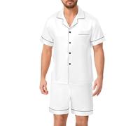 Lovasy Satin Schlafanzug Herren Kurz Kurzarm Pyjamas Set mit Knöpfen Sommer Pjs Sets Zweiteiliger Nachtwäsche,Weiß,L