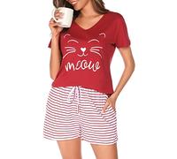 Lovasy Schlafanzug Damen Kurz Baumwolle Sommer Shorty Pyjama Damen Set Zweiteiler Kurzarm Schlafanzüge für Damen Loungewear Nachtwäsche,Weinrot,XXL