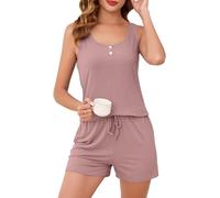 Lovasy Schlafanzug Damen Kurz Sommer Hausanzug Pyjama Set mit Rippstreifen Breiter Schultergurt Ärmellos U-Ausschnitt Pyjama,Dunkelrosa,XL