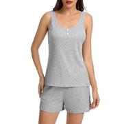 Lovasy Schlafanzug Damen Kurz Sommer Hausanzug Pyjama Set mit Rippstreifen Breiter Schultergurt Ärmellos U-Ausschnitt Pyjama,Hellgrau,XL