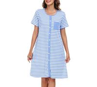 Lovasy Still Nachthemd Damen Baumwolle Kurzarm Schlafshirt mit durchgehende Knopfleiste Gestreift Schlafhemd mit Taschen,Himmelblau,M