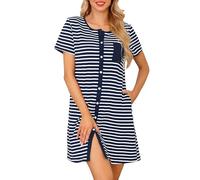 Lovasy Still Nachthemd Damen Baumwolle Kurzarm Schlafshirt mit durchgehende Knopfleiste Gestreift Schlafhemd mit Taschen,Marineblau Streifen,XL