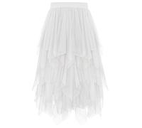 Lovasy Tüllrock Damen Schwarz Knielang High Low Layered Faltenrock Midi Rock A-Linie Unregelmäßiger Puffy Fee Röcke,Weiß,S-M