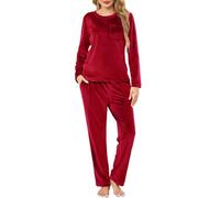 Lovasy Warm Schlafanzug Damen Winter Lang Velour Pyjama Set Langarm Rundhals Schlafanzüge für Damen mit Taschen,Weinrot,XXL