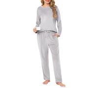 Lovasy Warm Schlafanzug Damen Winter Lang Velour Pyjama Set Langarm Rundhals Schlafanzüge für Damen mit Taschen,Grau-Weiß,L