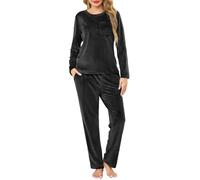 Lovasy Warm Schlafanzug Damen Winter Lang Velour Pyjama Set Langarm Rundhals Schlafanzüge für Damen mit Taschen,Schwarz,L
