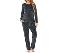 Lovasy Warm Schlafanzug Damen Winter Lang Velour Pyjama Set Langarm Rundhals Schlafanzüge für Damen mit Taschen,Dunkelgrau,XXL