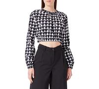 Love Moschino Cropped Blouse in Stretch Cotton Fluid Satin Allover Hearts Printed. Puff Bottom Long Sleeves.